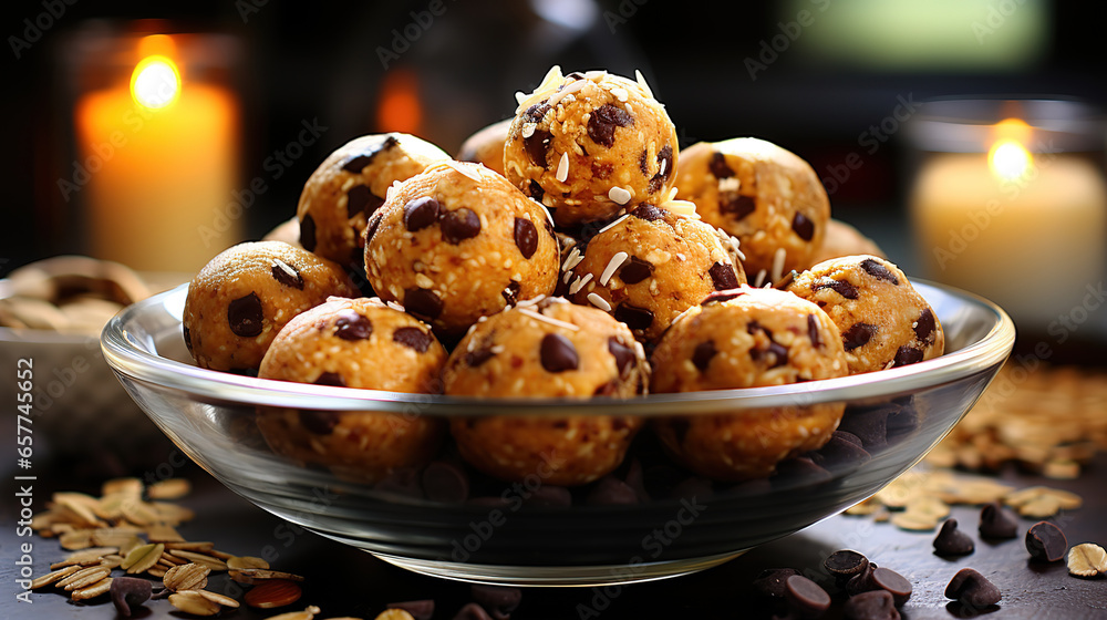 Poster side view pistachio cookies in round tray. generative ai