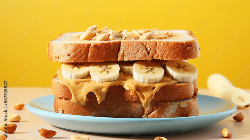 Poster peanut butter toast with banana slices on wooden background. generative ai