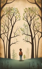 Vintage illustration with trees on grunge background. Design for wallpaper, photo wallpaper, fresco, mural and other, Generative AI 