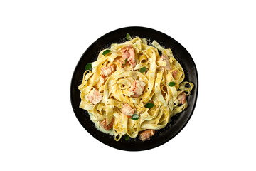 tagliatelle pasta, in cream sauce with salmon, homemade, no people, isolate, on a white background,