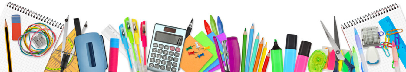 wide panorama with pile of colorful school or office supplies isolated  white background