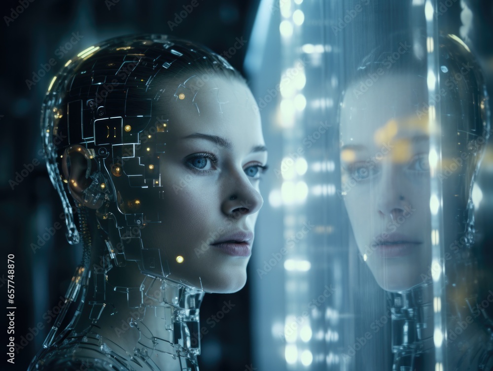 Poster a cybernetic android observing a holographic projection with curiosity. generative ai.