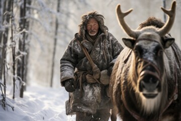 Fototapeta na wymiar Nenets herder leading his reindeer through Siberian snow. Generative AI.