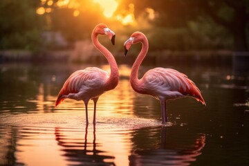 Majestic flamingos gracefully stand in tranquil water, bathed in the golden hues of sunset. Generative AI.