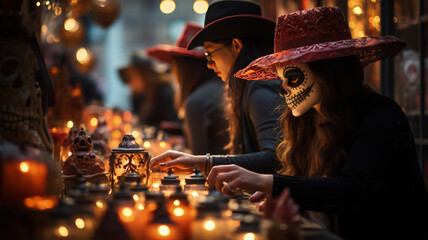 Day of the Dead & Halloween Display - Sugar Skulls vs Jack-o'-Lanterns in Boutique Window, Girls...