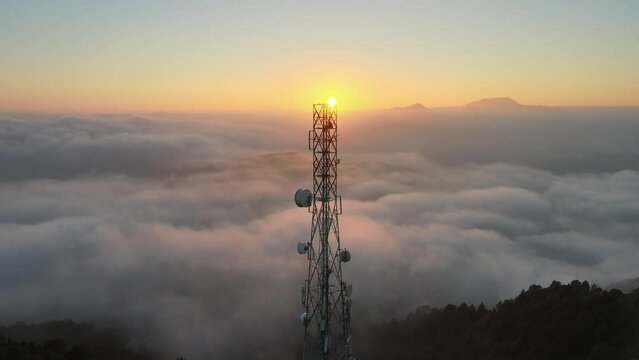 Aerial view of sunset with cloud inversion