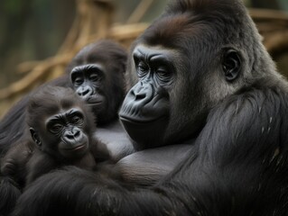 Obraz premium A serene family of gorillas bonding in their natural habitat, showcasing the intricate dynamics of primate relationships. Generative AI.