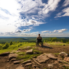 A man sitting in wheelchair at the border of mountain landscape. AI generated picture.