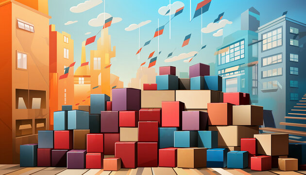 During the moving process, there are a lot of cardboard boxes of different colours with things on the street in front of the new house.