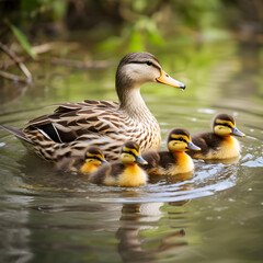 A mother duck with her ducklings. Generative ai. 