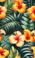 Tropical seamless pattern with hibiscus flowers, beautiful palm, banana leaves. Hand-drawn vintage 3D illustration. Glamorous exotic abstract background art design. Good for luxury, Generative AI 