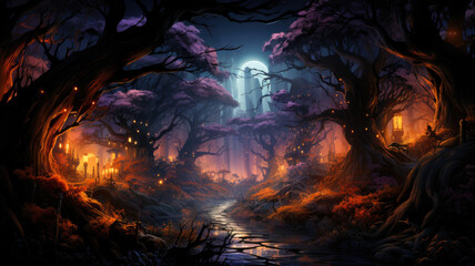 Mystical Halloween Forest Scene - Eerie and Enchanting Atmosphere, AI-Generated