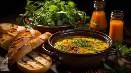 Corn soup with garlic, sweet corn, chili and coriander - obrazy, fototapety, plakaty