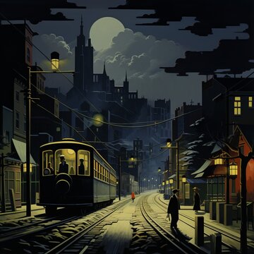 City railroad crossing 1920s, night, darkness