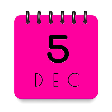 5 Day Of The Month. December. Pink Calendar Daily Icon. Black Letters. Date Day Week Sunday, Monday, Tuesday, Wednesday, Thursday, Friday, Saturday. Cut Paper. White Background. Vector Illustration.