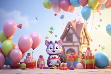 Cute deer celebrating party Colorful Illustration 3D Cartoon