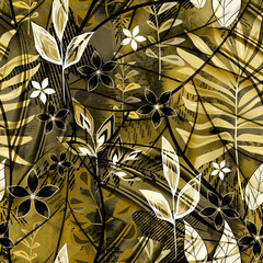 Seamless abstract tropical pattern. Black, white flowers and leaves on a yellow-brown background.