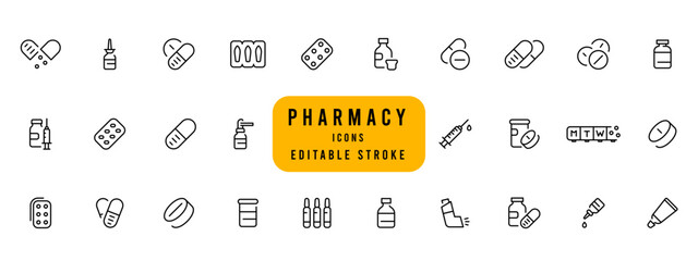 Healthcare, Prescription and Pill signs. Pharmacy drugs, medical nurse, recipe pill icons. Medical drugs line icons.  Antibiotic capsule, syringe vaccination, medicine cure. Editable stroke