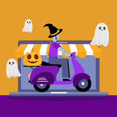 Explore Online Shopping in the Halloween Festival, online store with delivery man in halloween theme. flat vector illustrator
