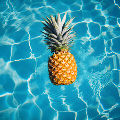 A Pineapple floating in a swimming pool. Generative ai. 