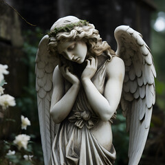 Sad Angel statue looking downward. A concrete statue commonly found in Cemeteries and Churches....