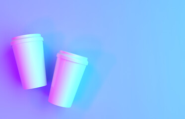 3d illustration of coffee cups with holographic lighting.