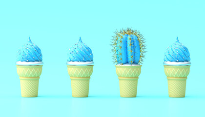3d illustration of blue cactus ice cream outstanding from blue ice cream on blue background.
