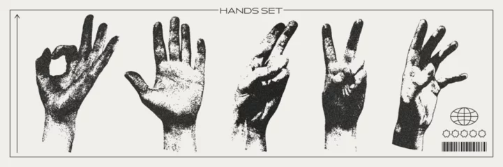  Hands set with a retro photocopy effect. Trendy y2k elements for design. Grain effect and stippling. Vector dots texture.  © Teodora ART
