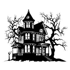 Haunted House Silhouette, Spooky House, Halloween 