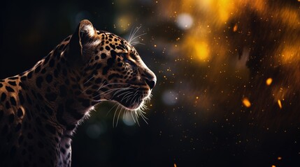 A majestic leopard with piercing eyes on a dramatic black backdrop