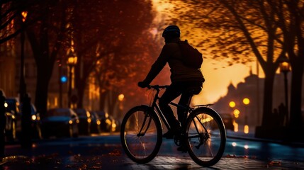 A person wearing a helmet and a backpack riding a bicycle on a picturesque empty city street during the golden hour.