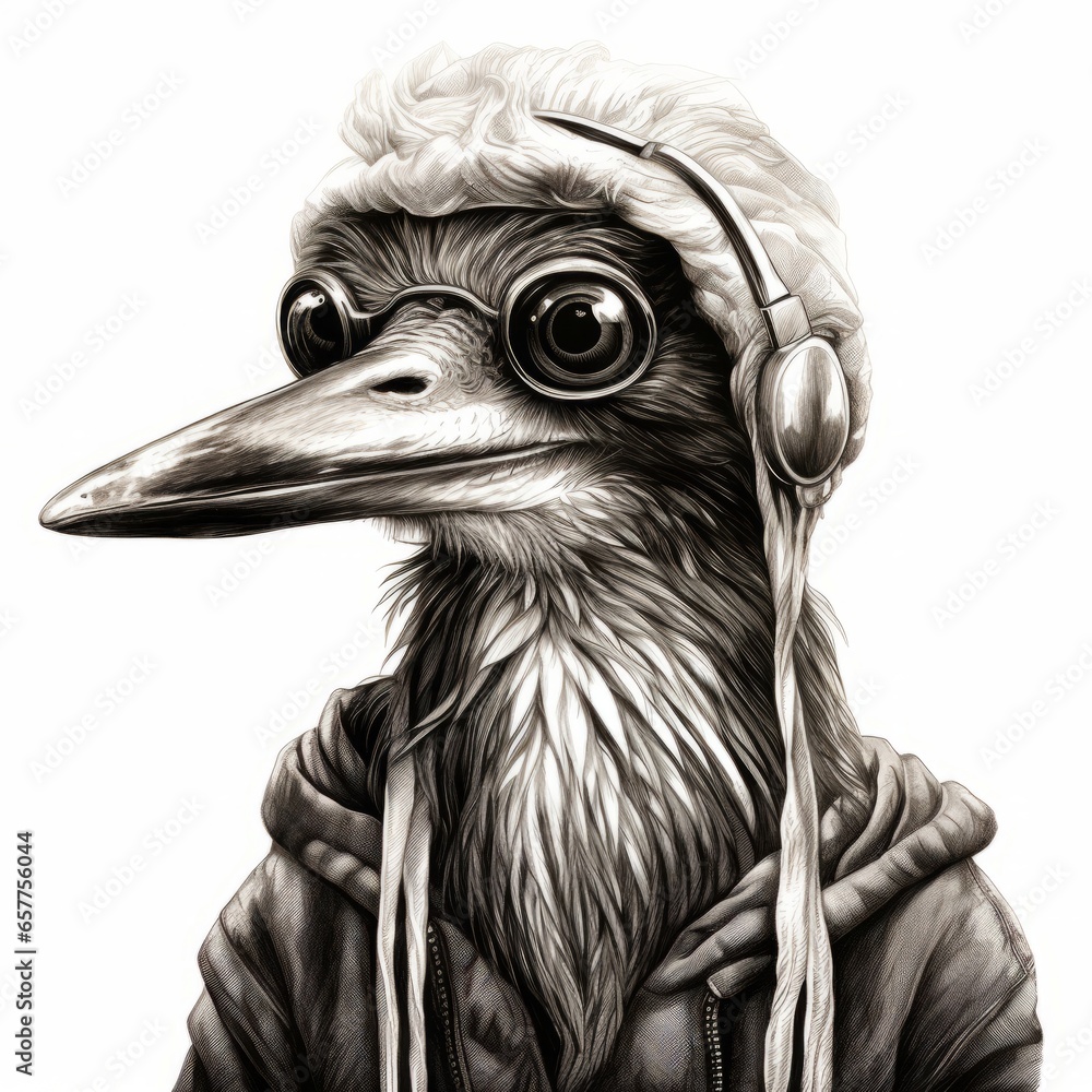 Sticker heron with striped knitted polo collar, glasses and headset. ink line style