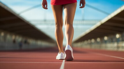 Close up of female legs in shoes standing on the running track, concept: fitness, copy space, 16:9