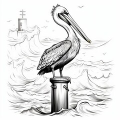A pelican stands on a pylon in the water, waves whip around the pylon. Line drawing