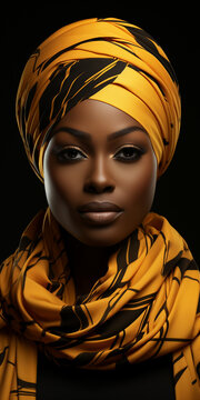 H&uuml;bsche Afroamerikanische Model Frau Gesicht mit gelben Kopftuch Nahaufnahme Poster Querformat, ai generativ