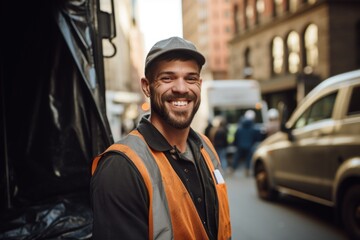 Portrait of a smiling young garbage man - obrazy, fototapety, plakaty
