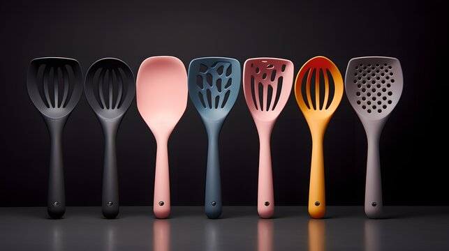 Vibrant Collection of Kitchen Utensils: A Multi-Colored Array of Cooking Equipment