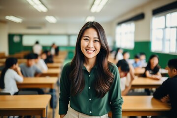 Portrait of a smiling young teacher in her classroom - obrazy, fototapety, plakaty
