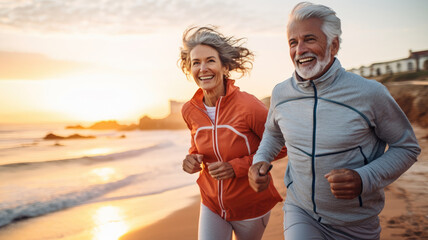 Senior couple jogging and walking on the beach and sea with sunset or sunrise sky background.