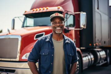 Portrait of a middle aged truck driver posing in front of his truck