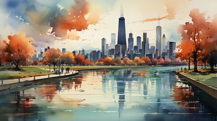 Keuken foto achterwand Aquarelschilderij wolkenkrabber a watercolor big city skyline