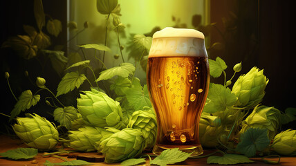 International beer day, a glass of light hopped beer on a wooden table and green hops. Generative Ai