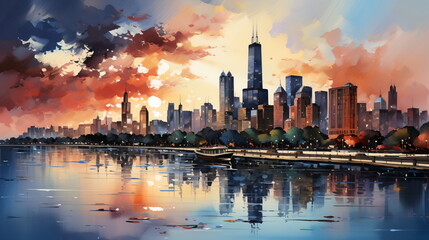 Fototapeta na wymiar a watercolor big city skyline