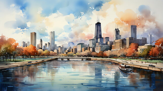 a watercolor big city skyline