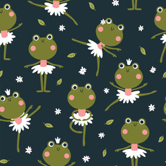 Ballerina frogs seamless pattern. Vector illustration of cute characters in ballet tutus in different poses dancing ballet. Hand-drawn cartoon in a limited palette. Ideal for baby textiles, clothing. © Світлана Харчук