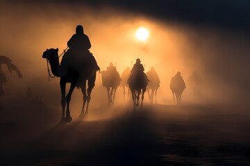 People riding on camels in a scenic dusty desert landscape at sunrise 