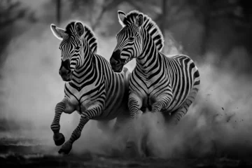 Rolgordijnen A couple of zebras that are running at the savannah, and there is a lot of dust, black and white image © Tanja Mikkelsen 