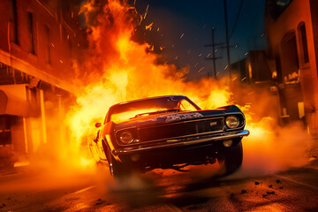 Fototapeta na wymiar A car engulfed in flames on a city street