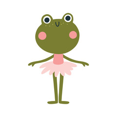 Ballerina frog vector isolate. Cute illustration of a character in a tutu dancing ballet. Hand-drawn cartoon in a limited palette is ideal for printing on baby clothes, posters.