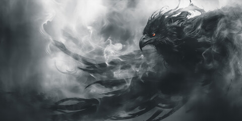 fantasy raven coming out of the smoke - obrazy, fototapety, plakaty